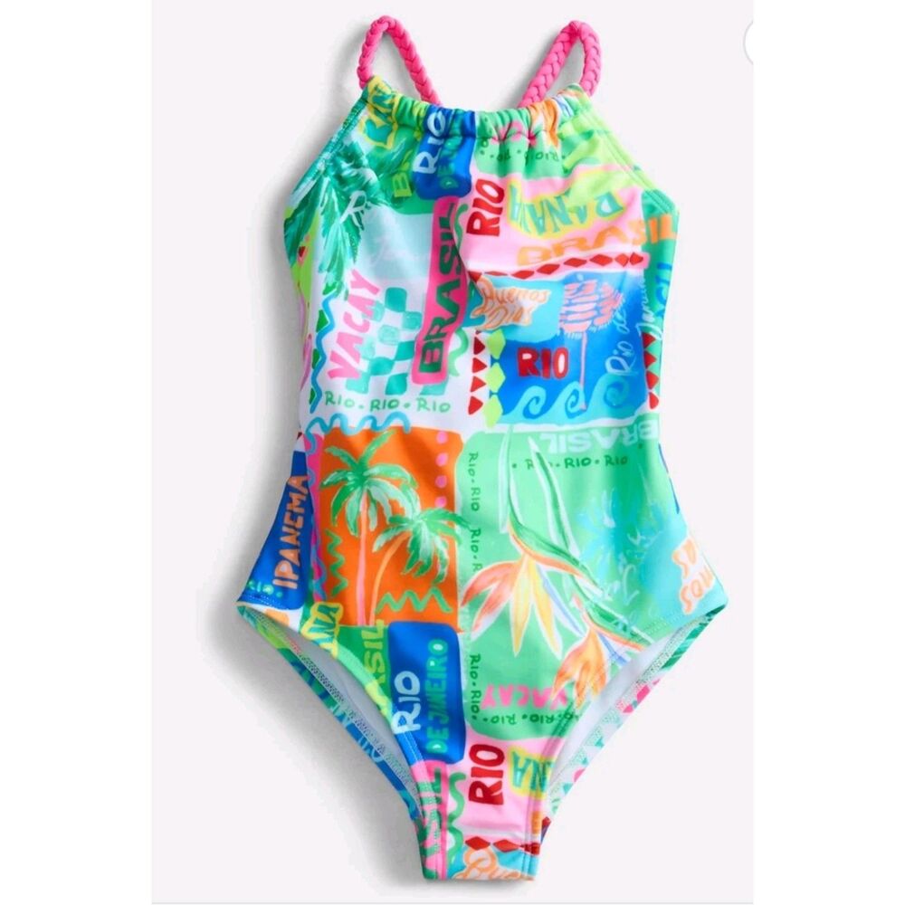 Wonder nation Girls Cross-Back Strap Print Swim One-piece,size XS Jetsetter pink